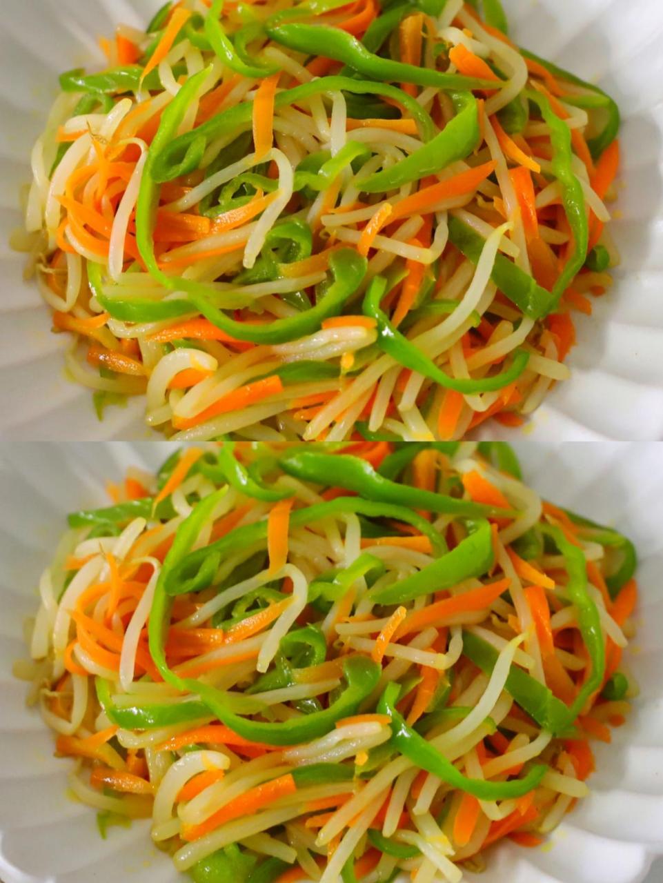 清炒豆芽 材料:豆芽300克,青椒1个,胡萝卜半根,盐少许,油少许,姜末