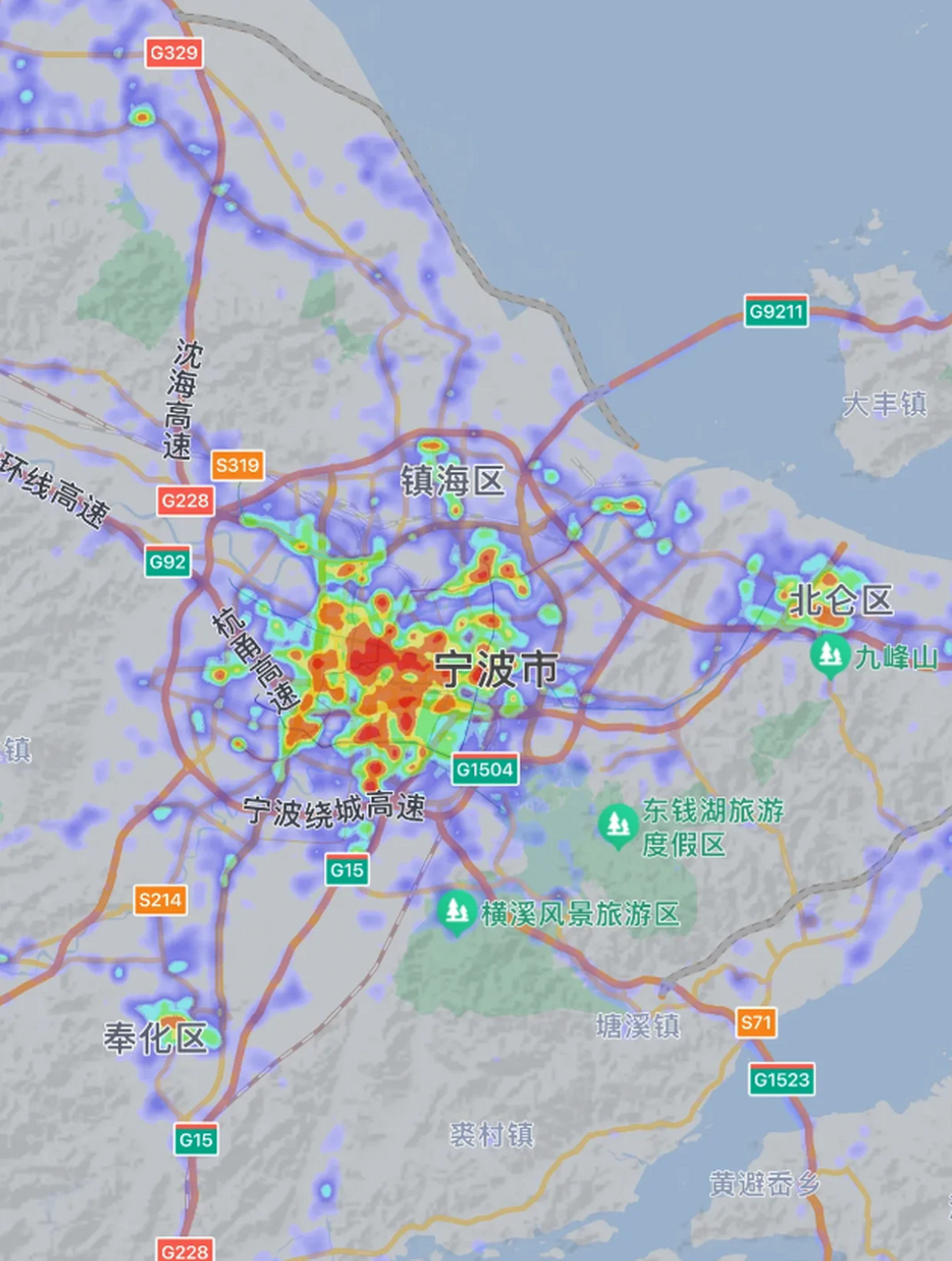 同比例,同时段,宁波和成都城区热力图对比.