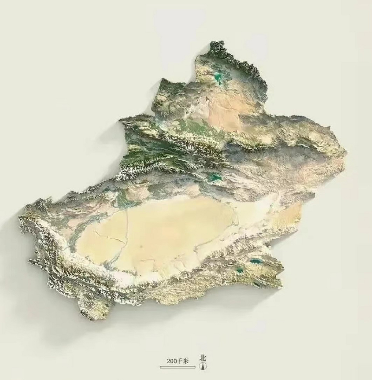 新疆维吾尔自治区立体地形图,"三山夹两盆"大美新疆.