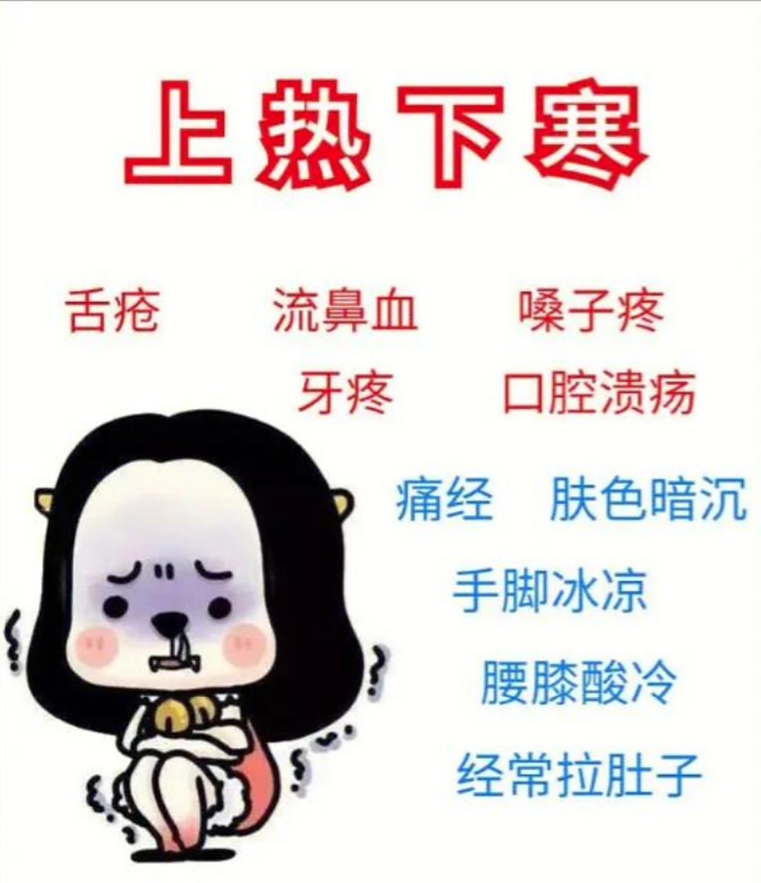 上热下寒,脾胃不和都有哪些症状 上热症状: 1,面部易红疹,爆痘和粉刺