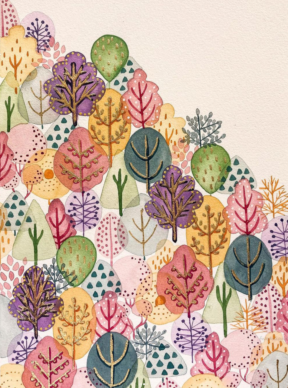 有立体感的水彩插画树林 简单的造型搭配清新亮丽的颜色,配合着多种