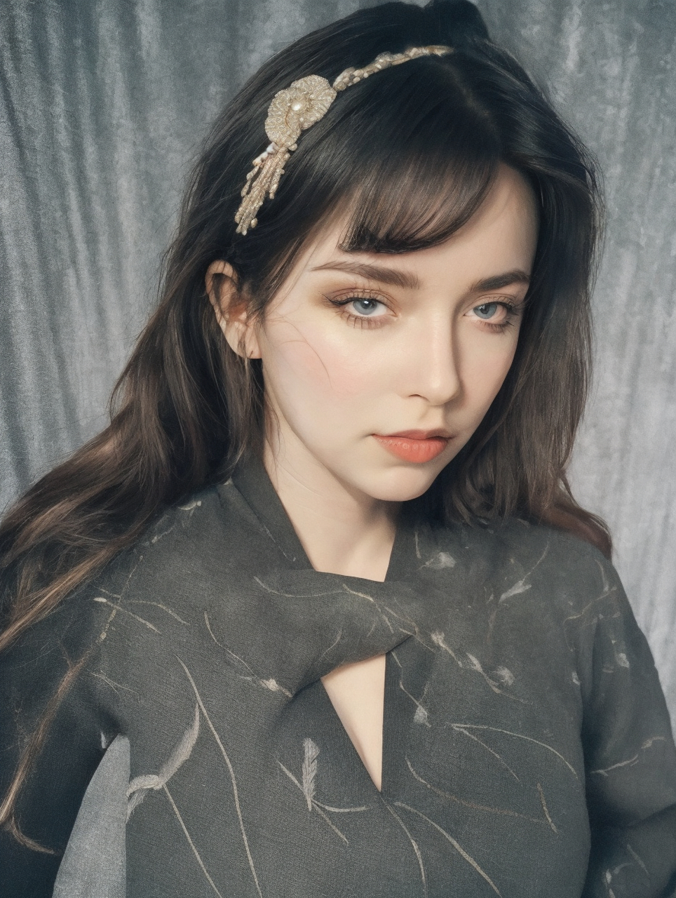 她如盛开的桃花般美丽动人,眼睛清澈如水,闪烁着温柔的光芒,似乎能