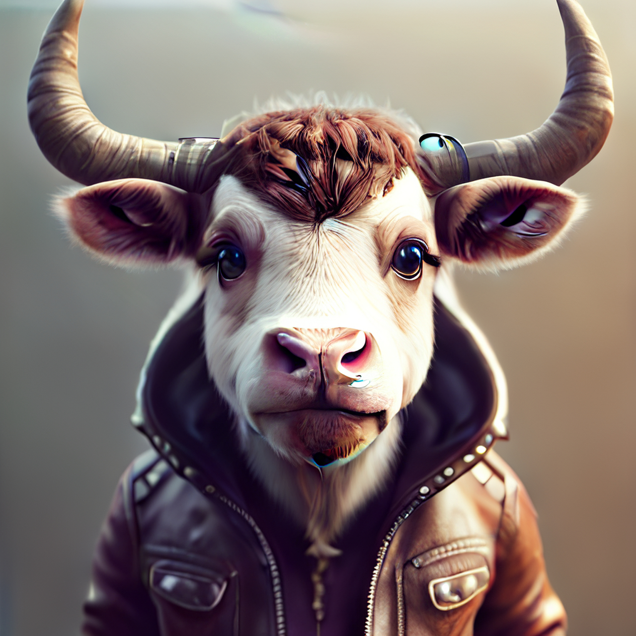 百度ai绘图黑科技#可爱的拟人牛犊双角,大眼睛,在飞行夹克,肖像,详细