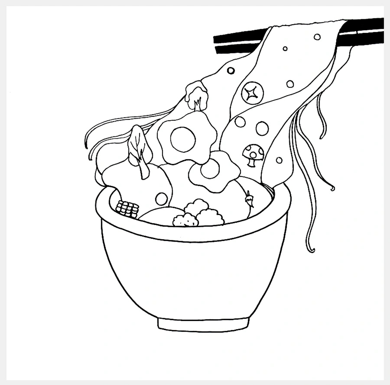 使用黑白线描的方式,运用疏密有致的线条展现一碗丰盛的拉面.