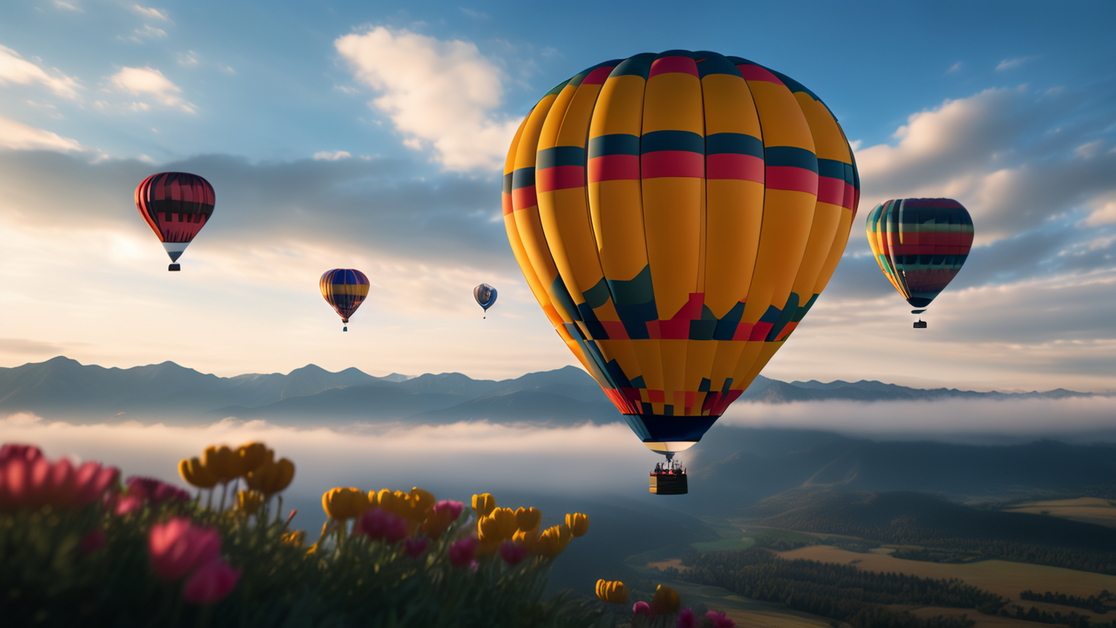 文心一格#  在晨曦中,热气球在蓝天白云中飘浮,俯瞰整个风景.