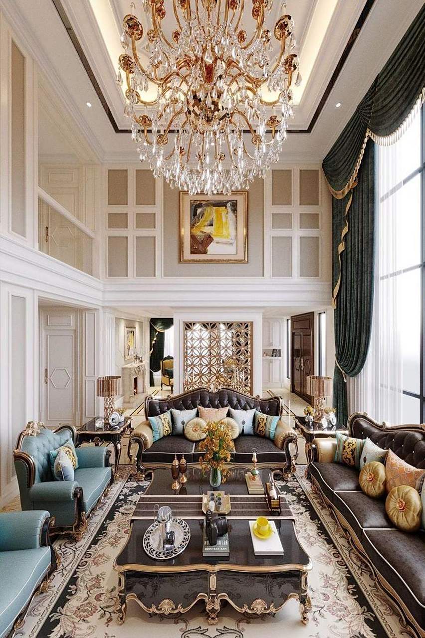 本案为超豪华的欧式别墅设计案例,其中客厅采用挑高式装修,加上精致