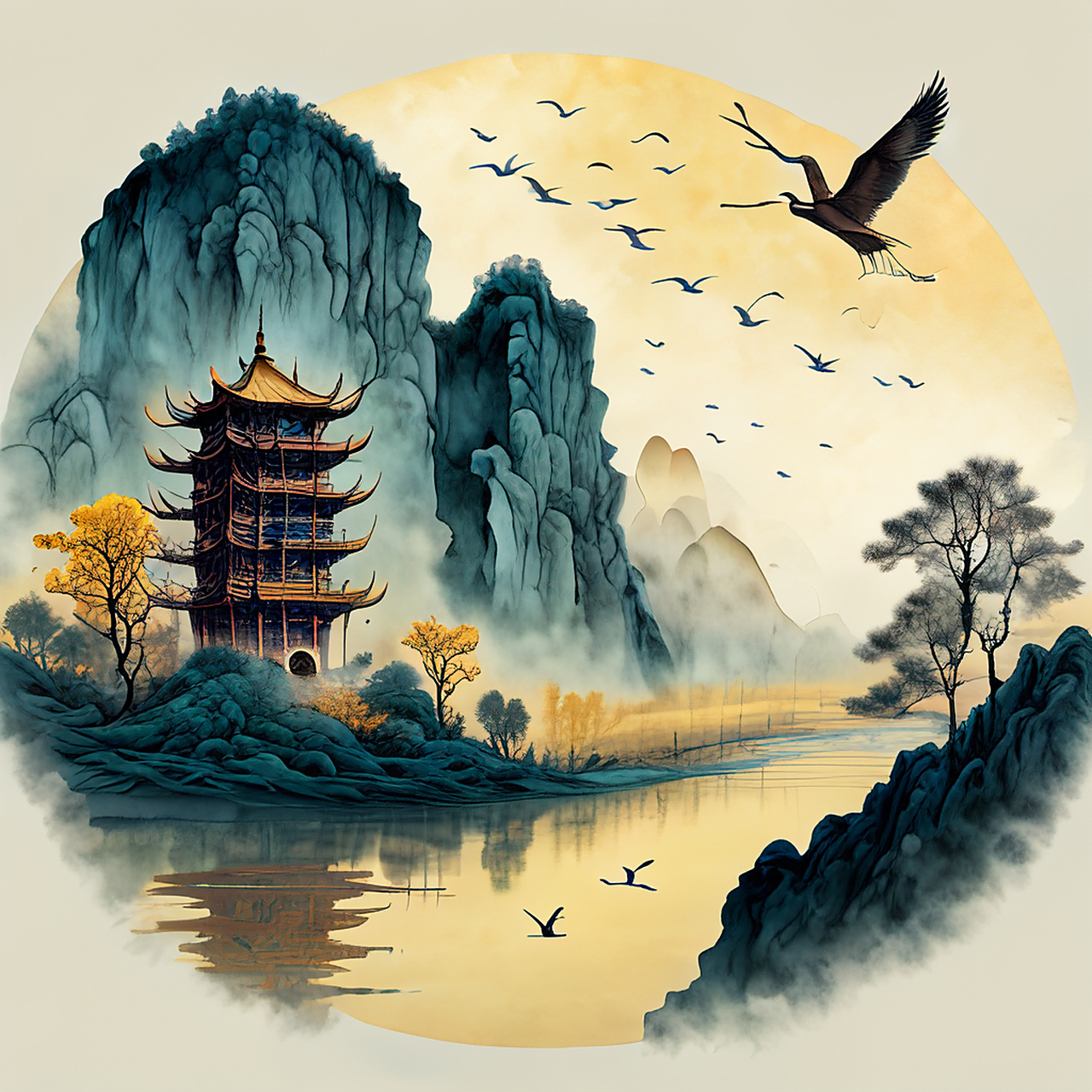 汉阳树远江烟起,黄鹤楼空燕子归.艺术,清新,开阔#百度ai绘图黑科技