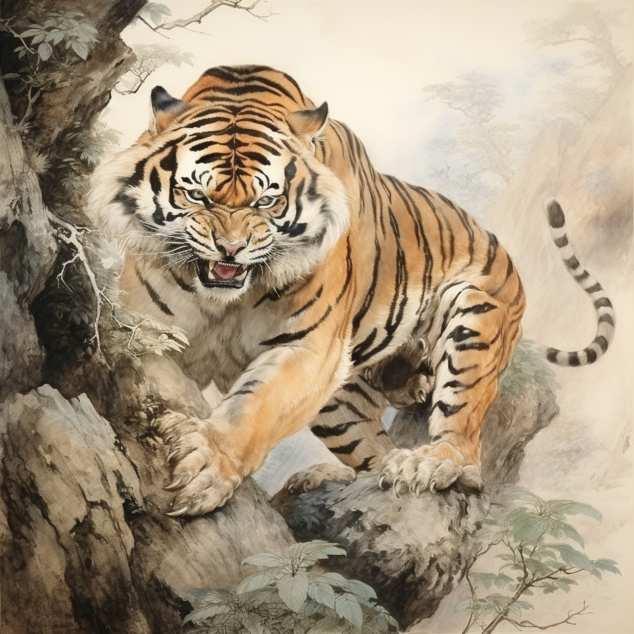 ai作图分享,国庆快乐 prompt: 东北虎,一种懒散的状态,中国画家王建辉