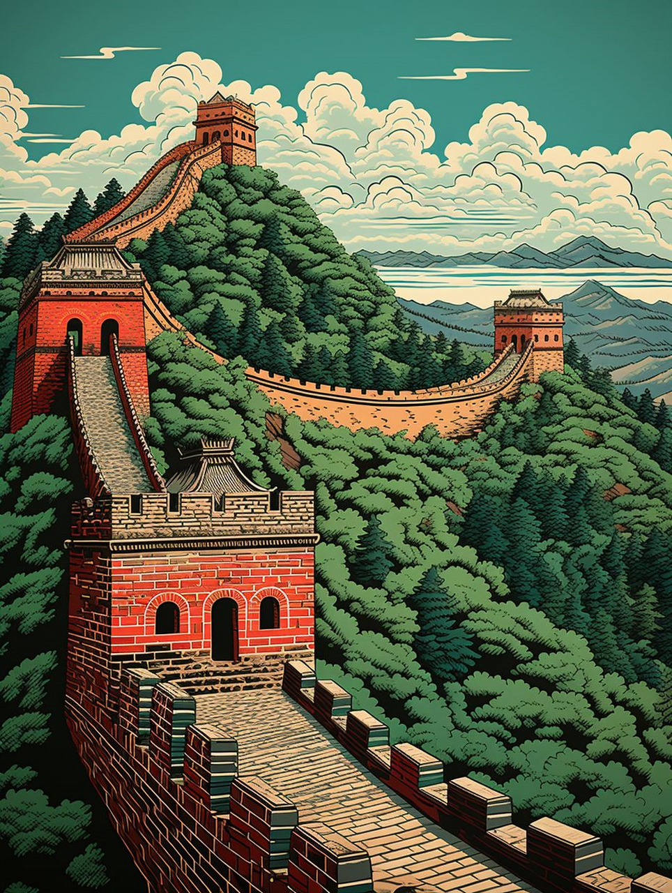 midjourney绘图 | 万里长城  关键词 lino cut,the great wall of