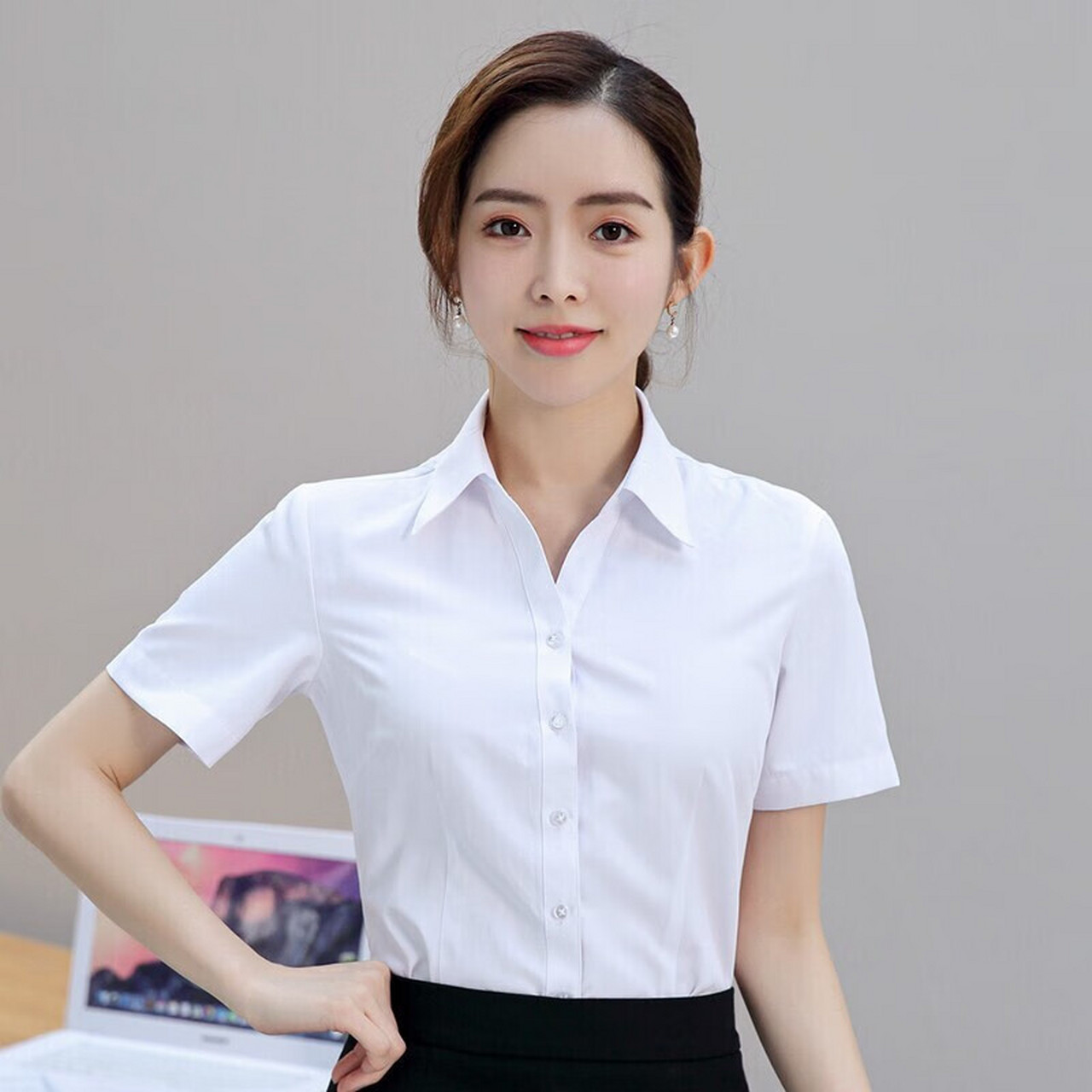 女秋季职业工装纯色正装工作服v领衬衣女白色38成为了我的职业装新宠