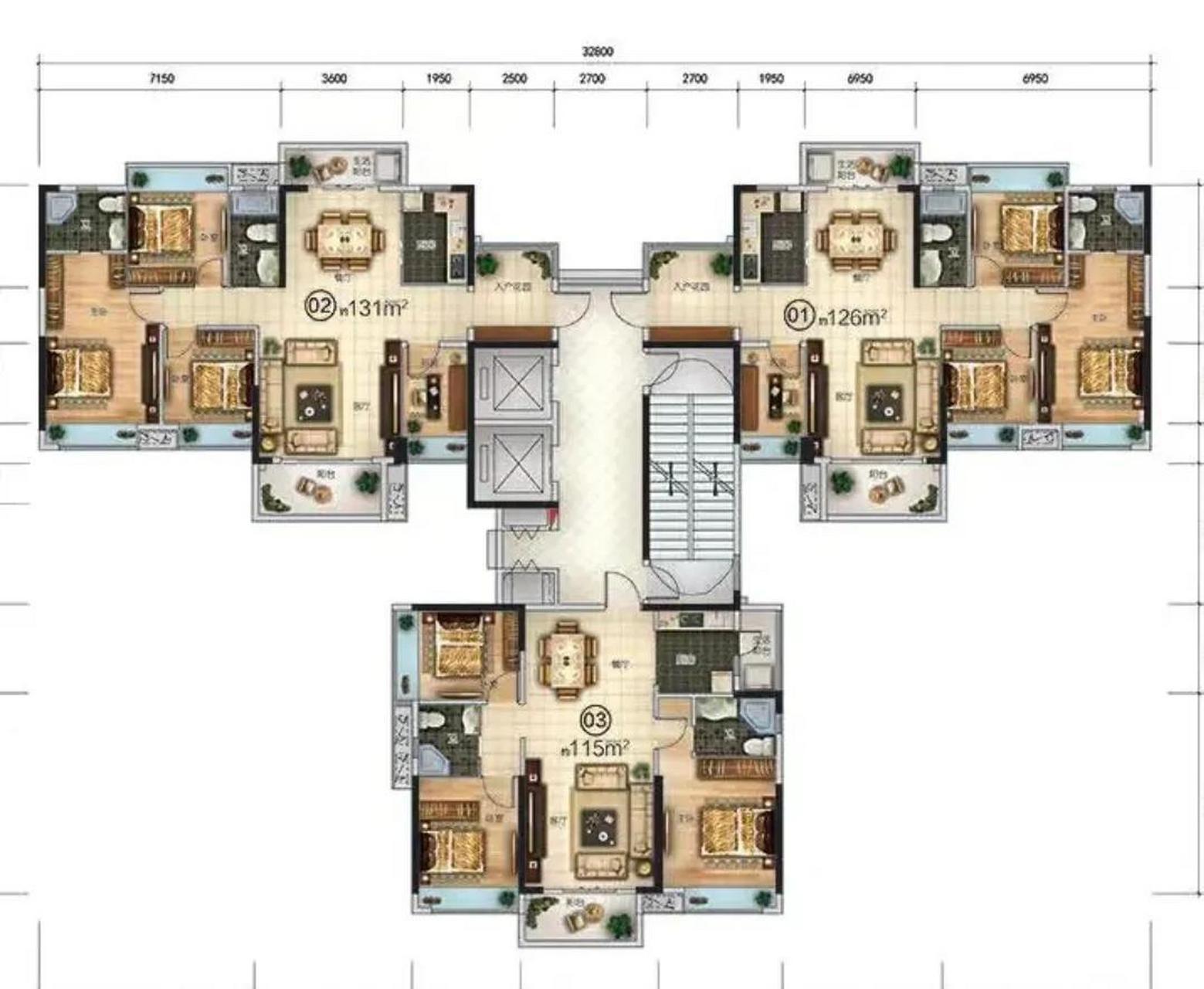 这是我看到最好的两梯三户的户型了 看到过很多的两梯三户中间户采光