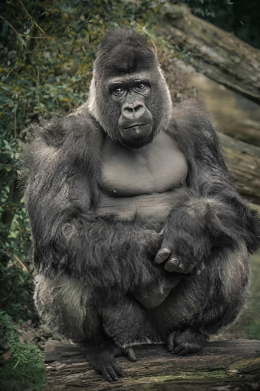 1932年,非洲刚果,一只体型庞大的猩猩,与几名土著的合影,猩猩是几人