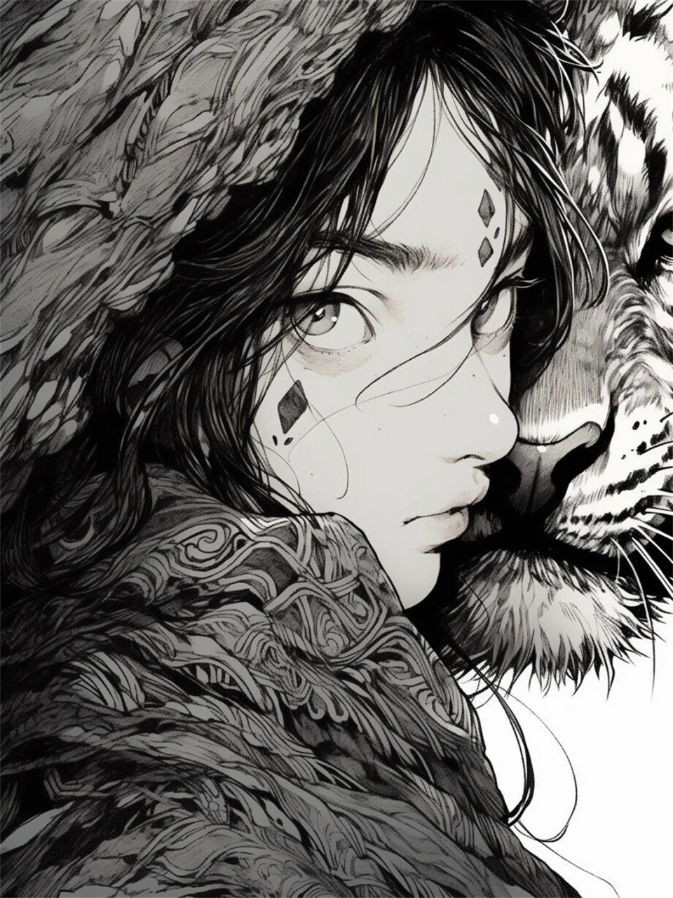 绘画素材女孩和老虎  这位勇敢的女孩眼神坚定,充满了勇气与智慧的