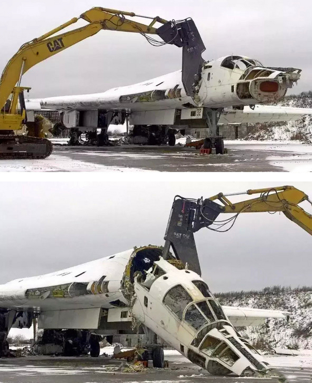 1993年,乌克兰拆除图-160轰炸机时的场景,当挖掘机的铲头砸向优雅的白
