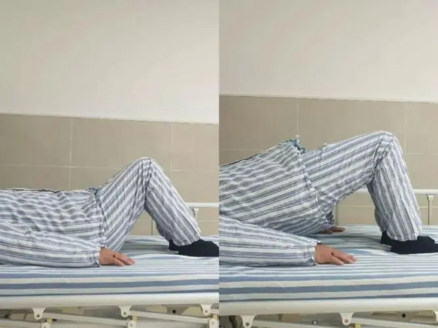 可以在床上做"桥"字形活动:患者仰卧,健侧上下肢带动病侧上下肢