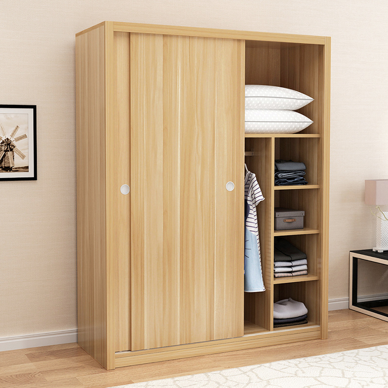 骏德 衣柜推拉门 简易木质小衣柜衣橱简约现代推拉门衣柜 木 浅胡桃色