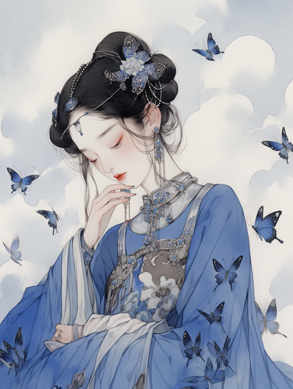 古风插画|蝴蝶美人02   我轻轻掀起绣帘,走到花前,不禁泪流满面.