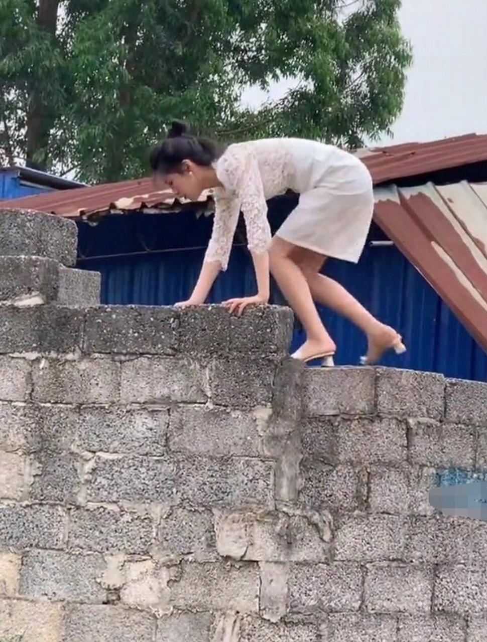 小姐姐竟然穿着裙子爬墙头,真想问问她这裙子哪里买的?质量这么好