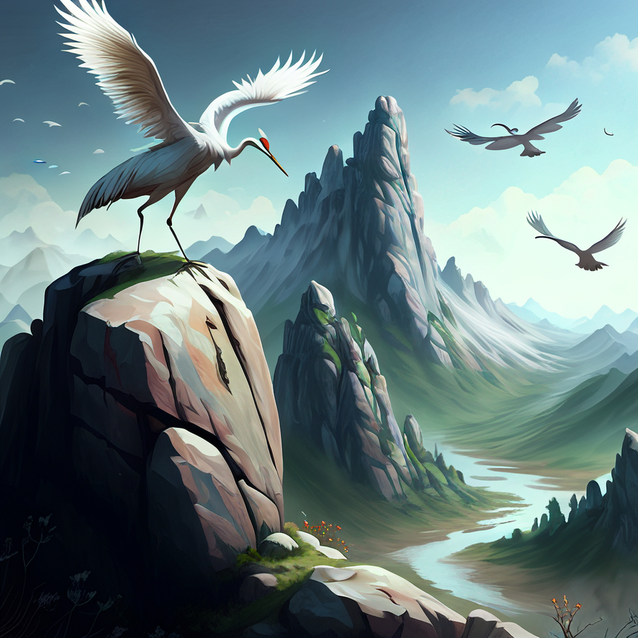 尽言此岩多仙灵,白鹤点破一山青.4k,简洁,静谧#百度ai绘图黑科技