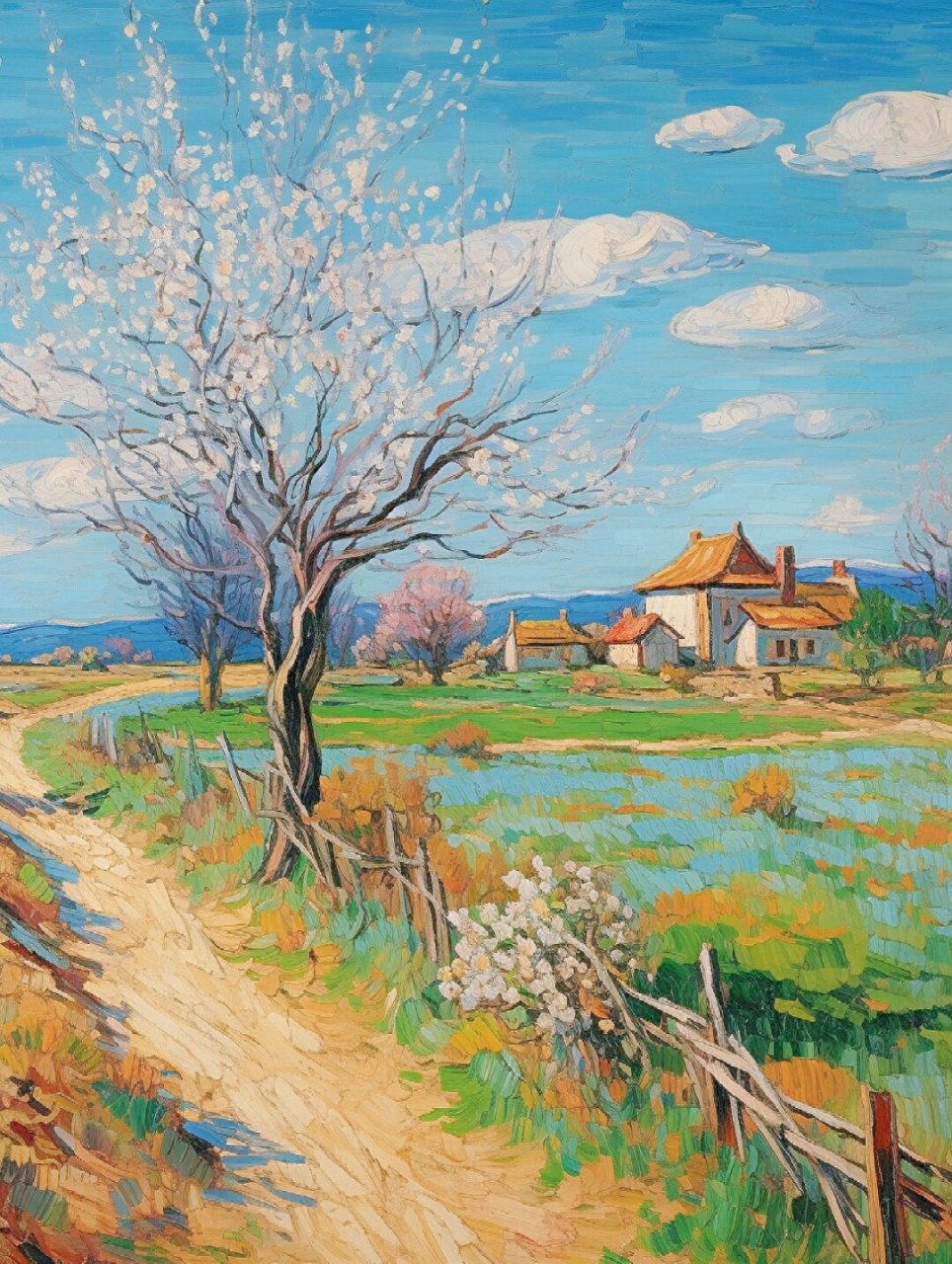 在画中,春天的田野被描绘得绿意盎然,一片片嫩绿的麦田在微风中轻轻