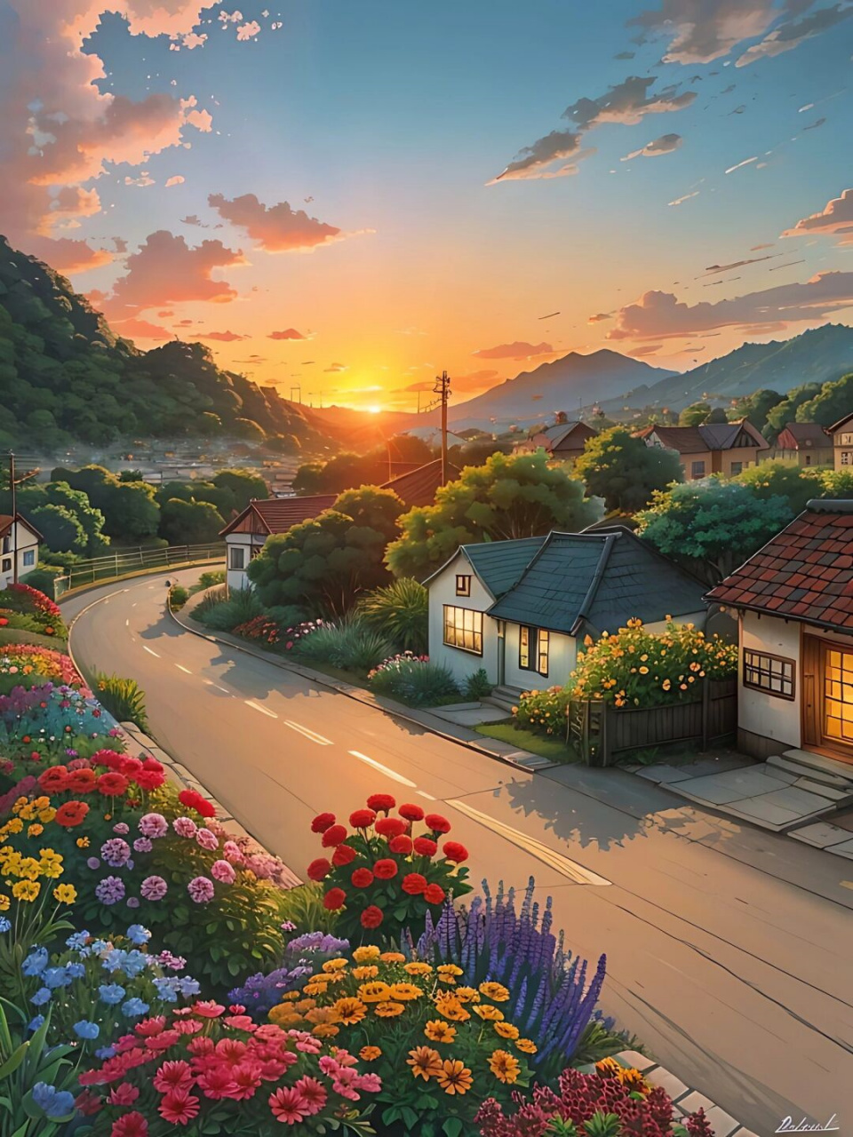 夕阳西下治愈系田园风插画