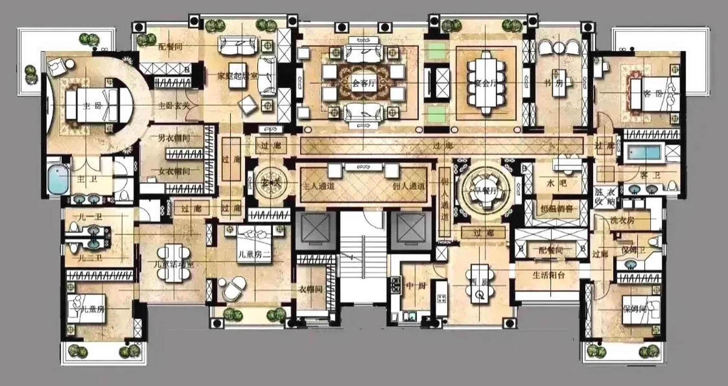 一个真正的豪宅,它位于城市中心,  是两套房子合并过来的超大平层住宅