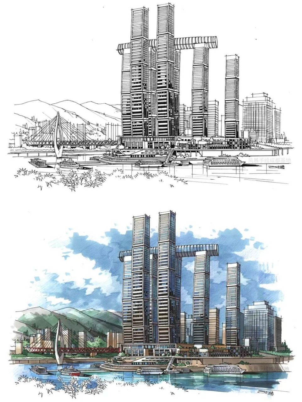 乘风破浪,扬帆起航(重庆来福士广场) 建筑手绘马克笔上色作品分享马克