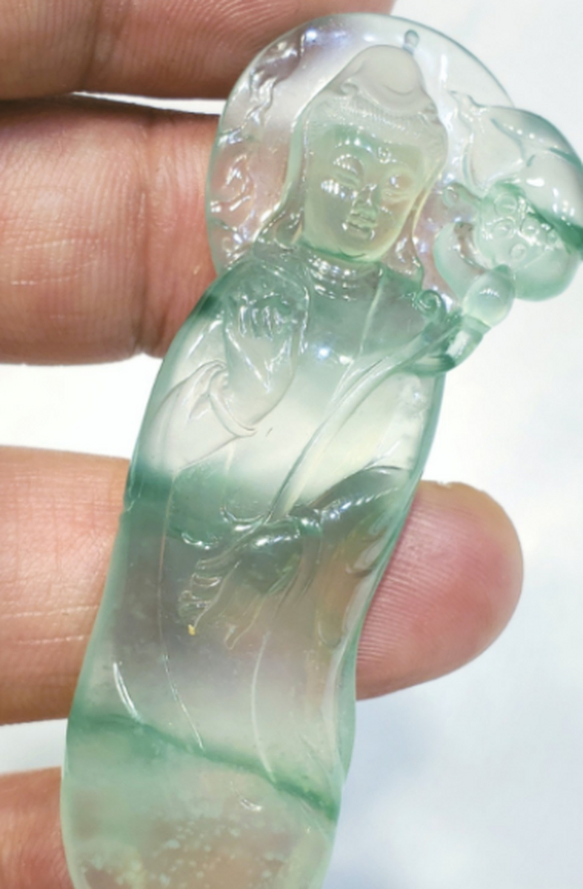 点击头像看直播##翡翠吊坠#《老坑玻璃种飘金丝绿·大势至菩萨》计腚