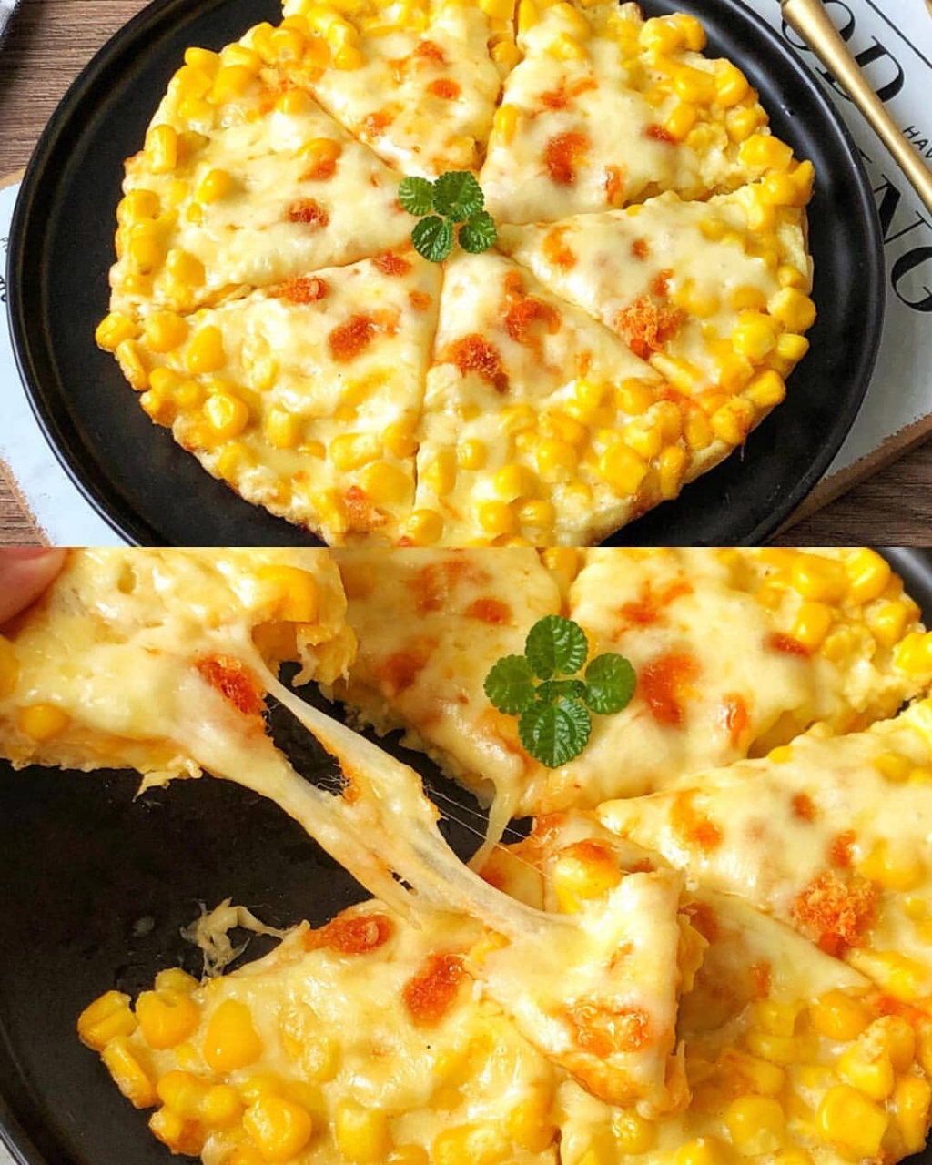 超级拉丝玉米芝士披萨,无需用烤箱,简单又美味,一定要趁热吃,真的是