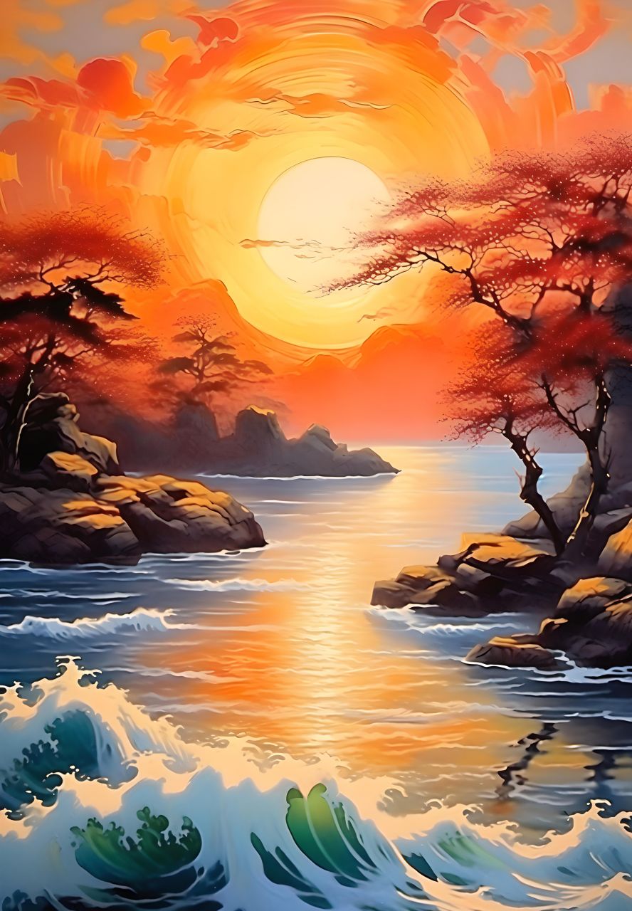 夕阳西下照江波,水面倒映晚霞多,#古风##中国画