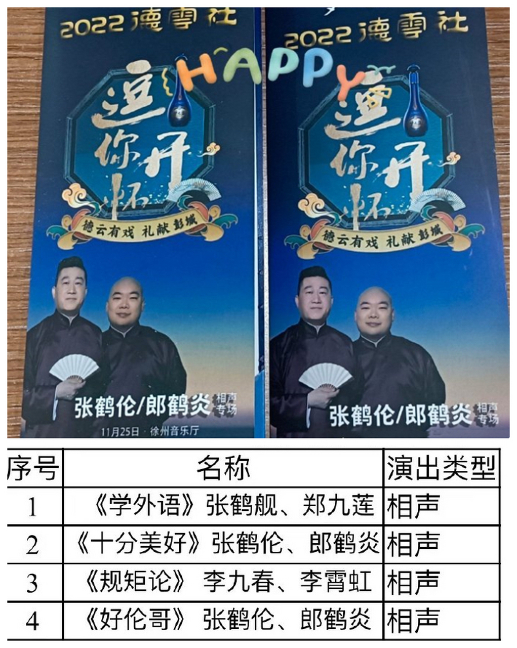 11月25日,德雲社張鶴倫,郎鶴炎徐州專場的節目單被放出,看到演出安排