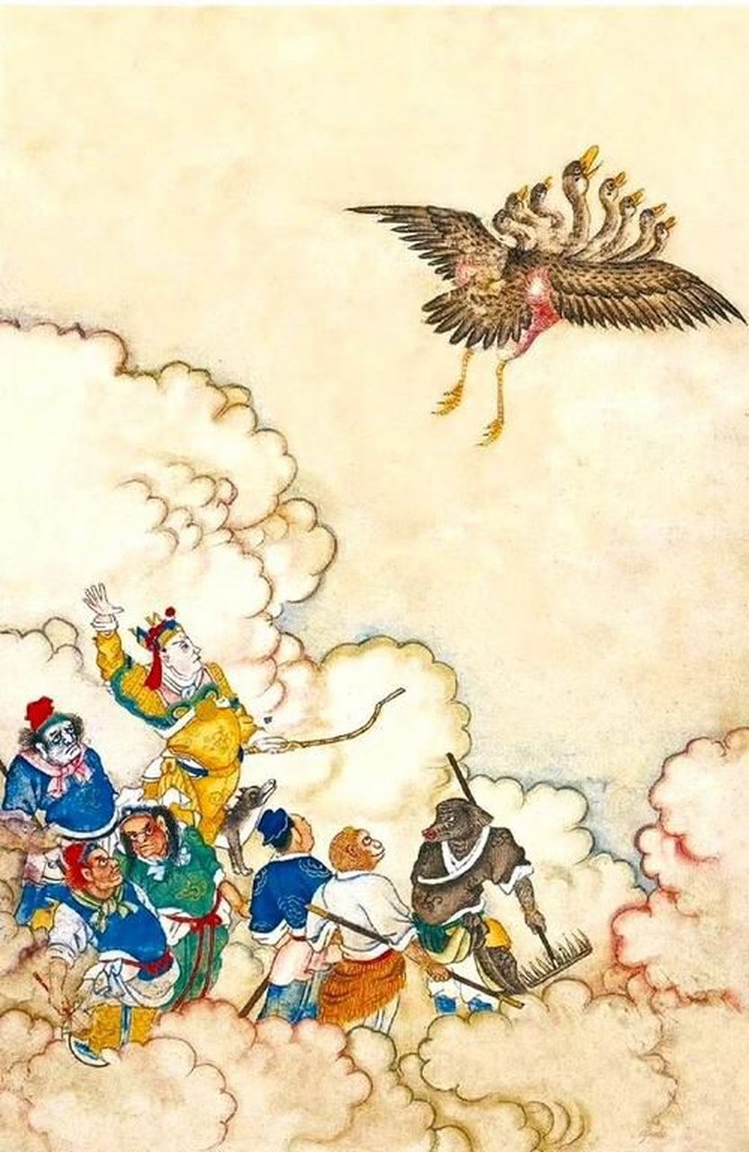 清代西游记绘本的孙悟空挥棒像拿着衣杆架打妖精 86版本的孙悟空比较