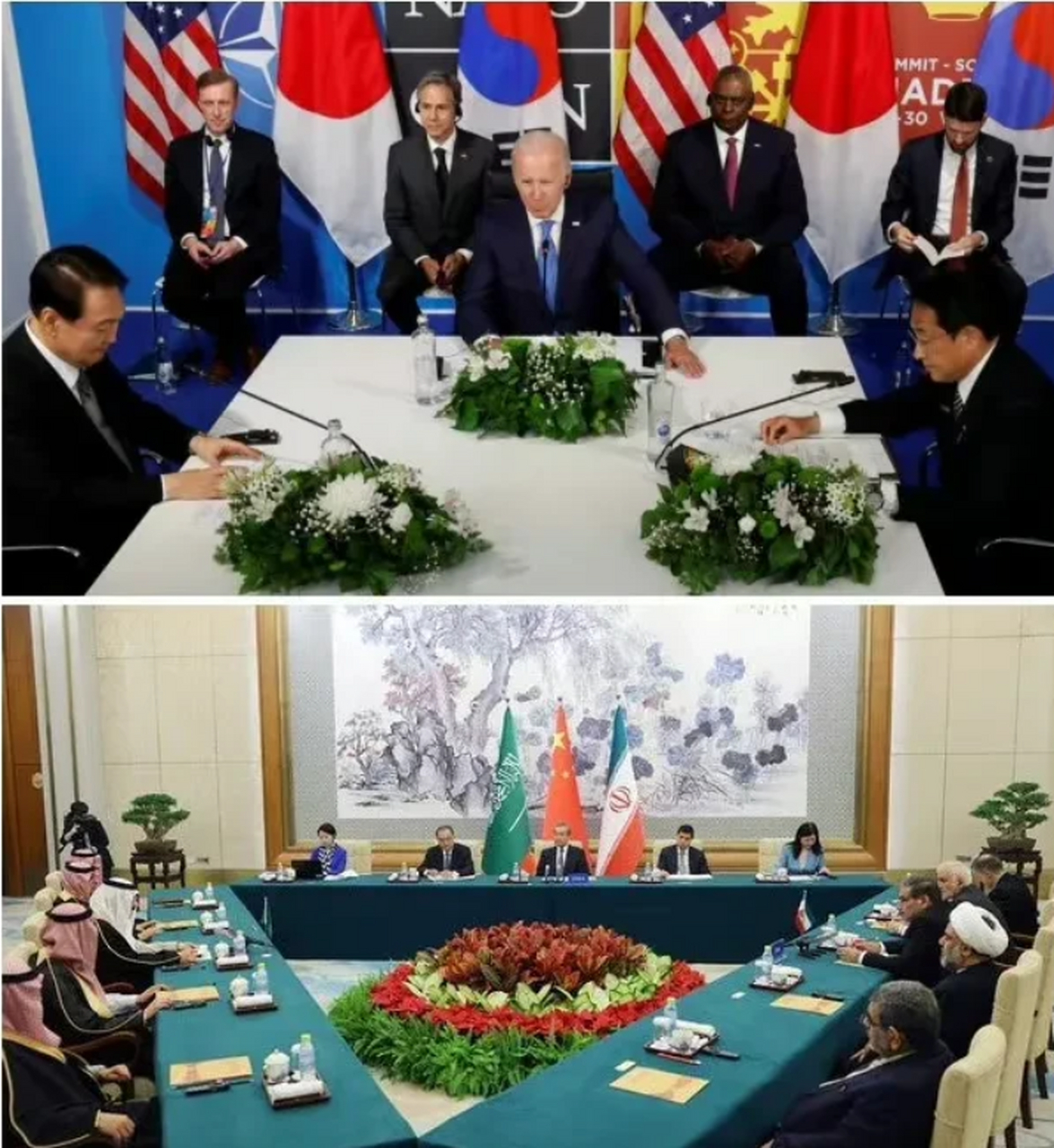 好图对比: 上图,美国拉着韩国向日本的投降和解.