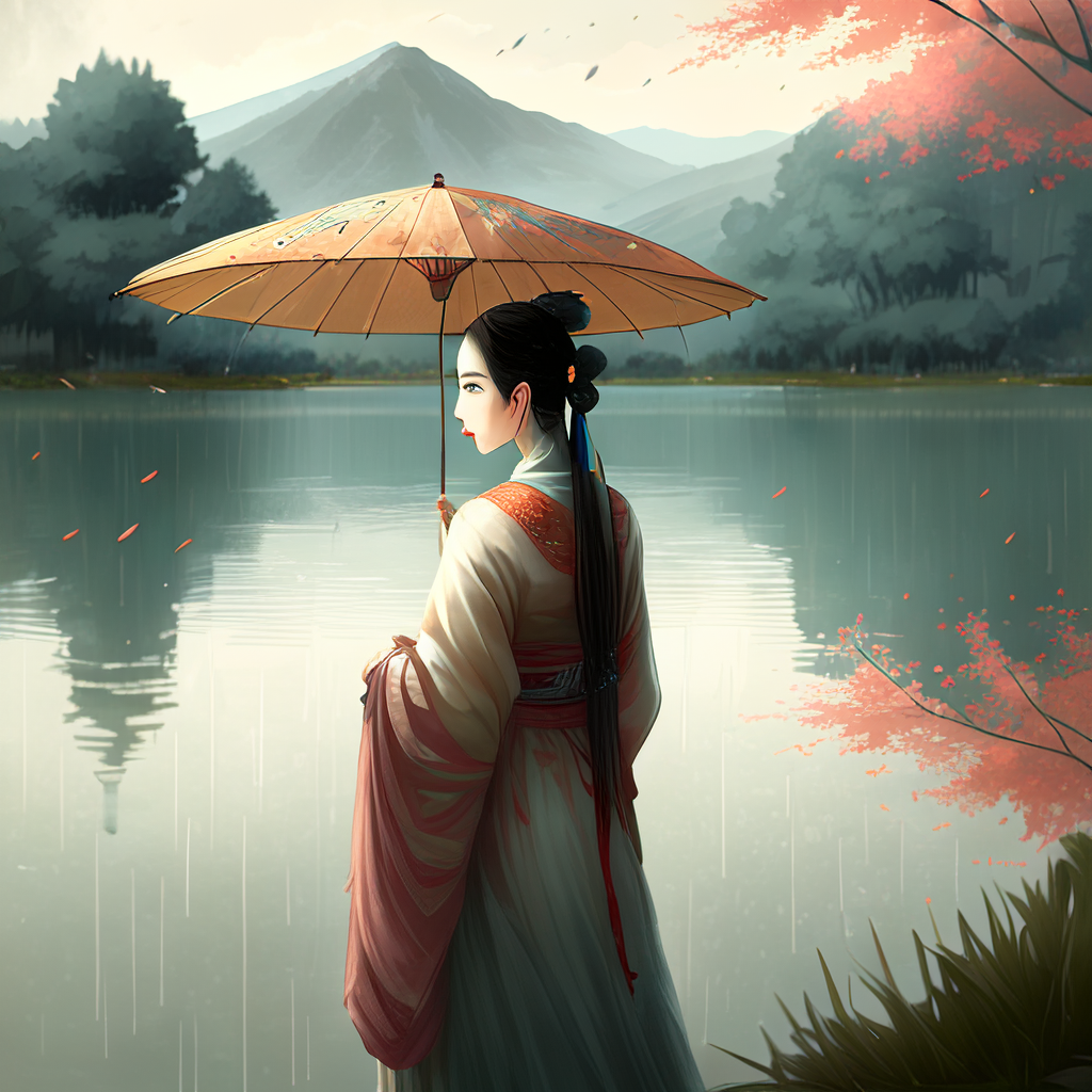 找一个人在烟雨蒙蒙中的微信头像撑伞美女背影国画古风水墨秋天打伞