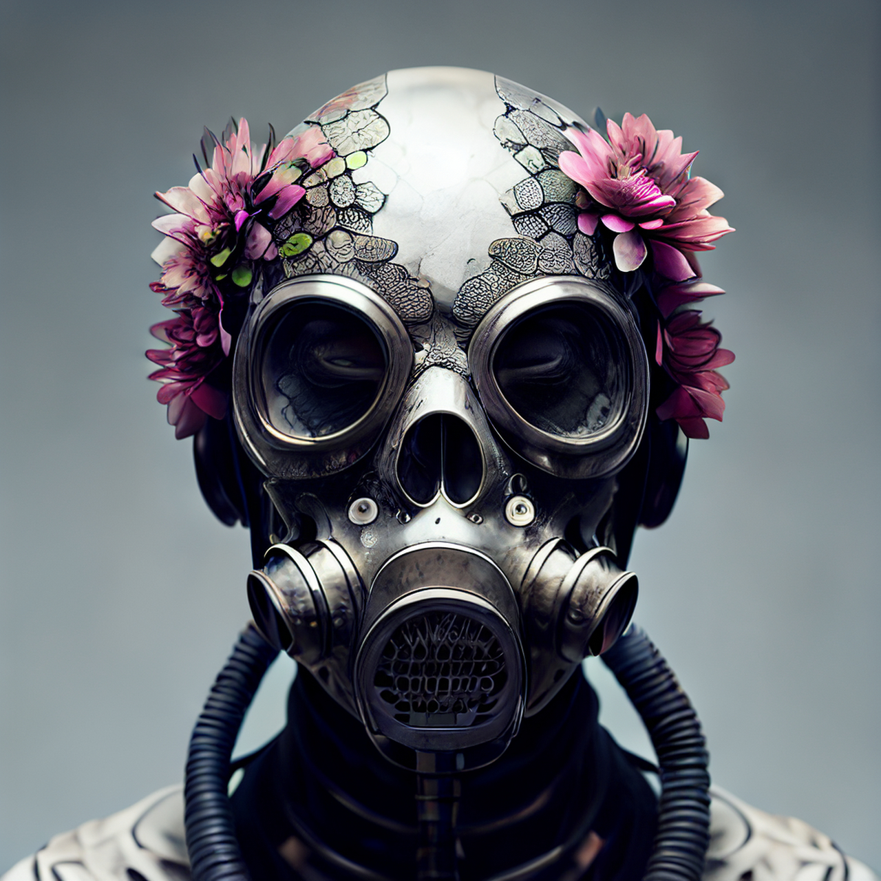 百度ai绘图黑科技#赛博朋克防毒面具,骨架之上,肖像,由花朵构成,详细
