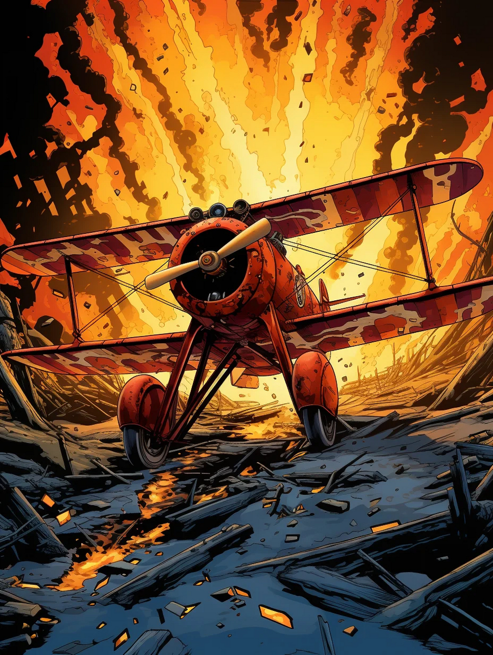 空战英豪  lino cut of 1917 biplane war graphic novel style 1919