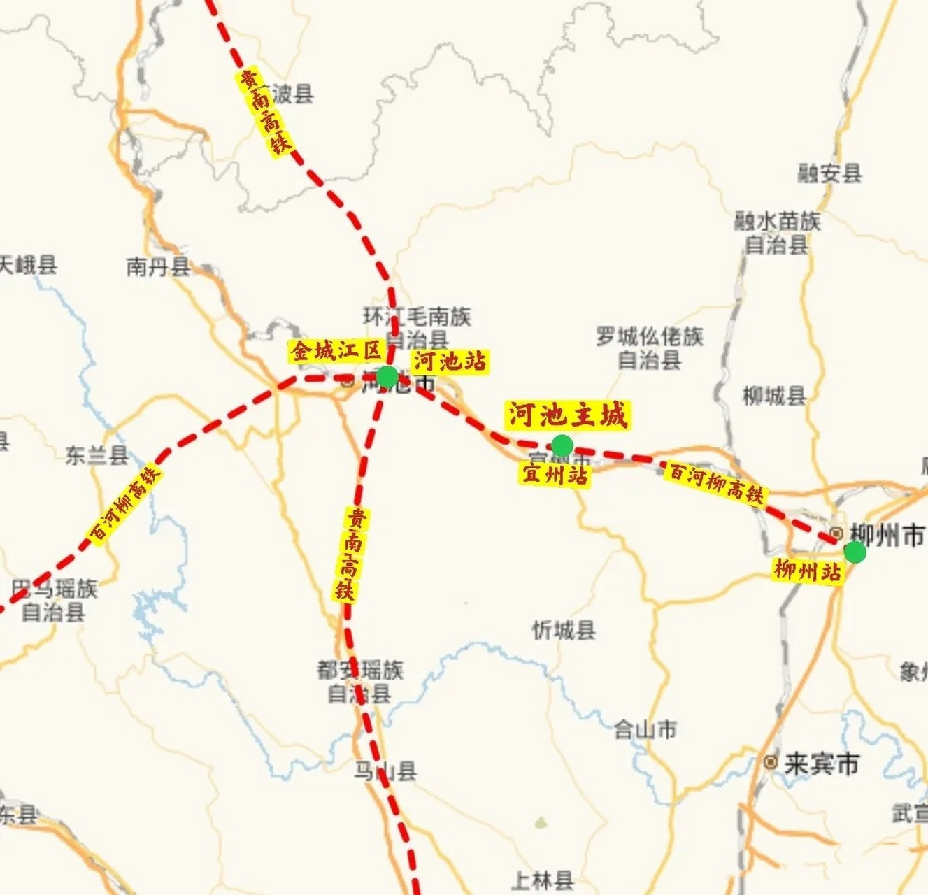 河池行政中心不在金城江,而是宜州,但是河池高铁站却在金城江,原本