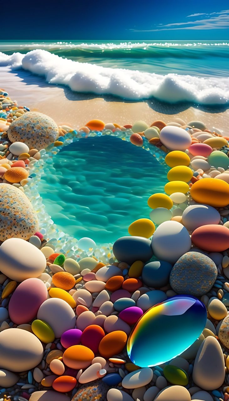 在这个沙滩上,五颜六色的鹅卵石堆积成了一幅幅美丽的图画,这些石头不