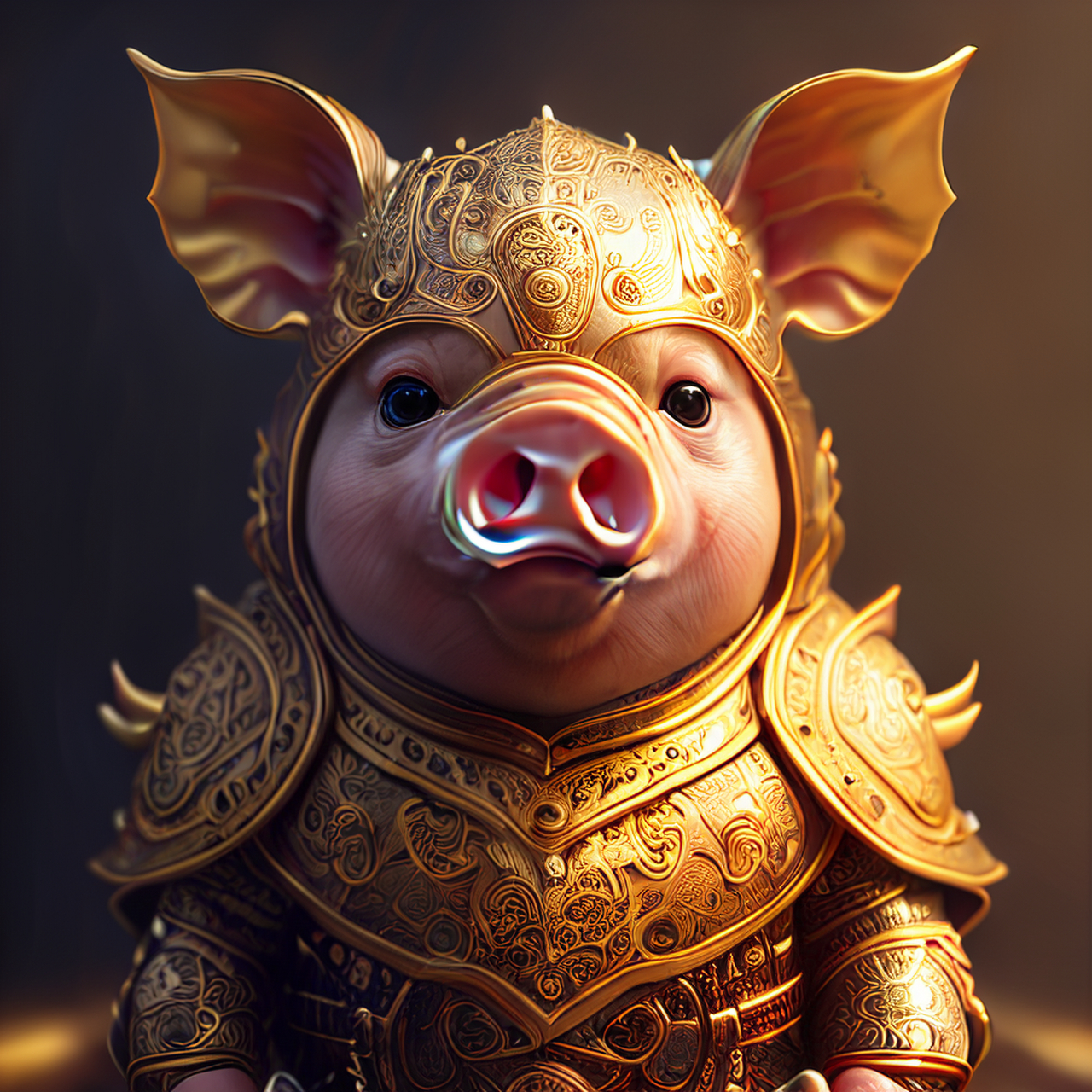 可爱的拟人化的婴儿猪在金色的盔甲,中国十二生肖,肖像,精细细节的