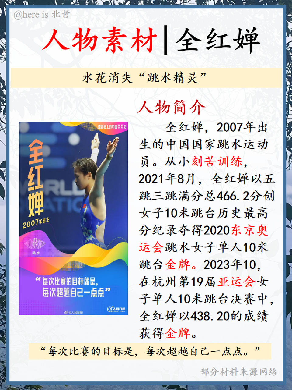 全红蝉  人物简介 	 全红婵,2007年出生的中国国家跳水运动员