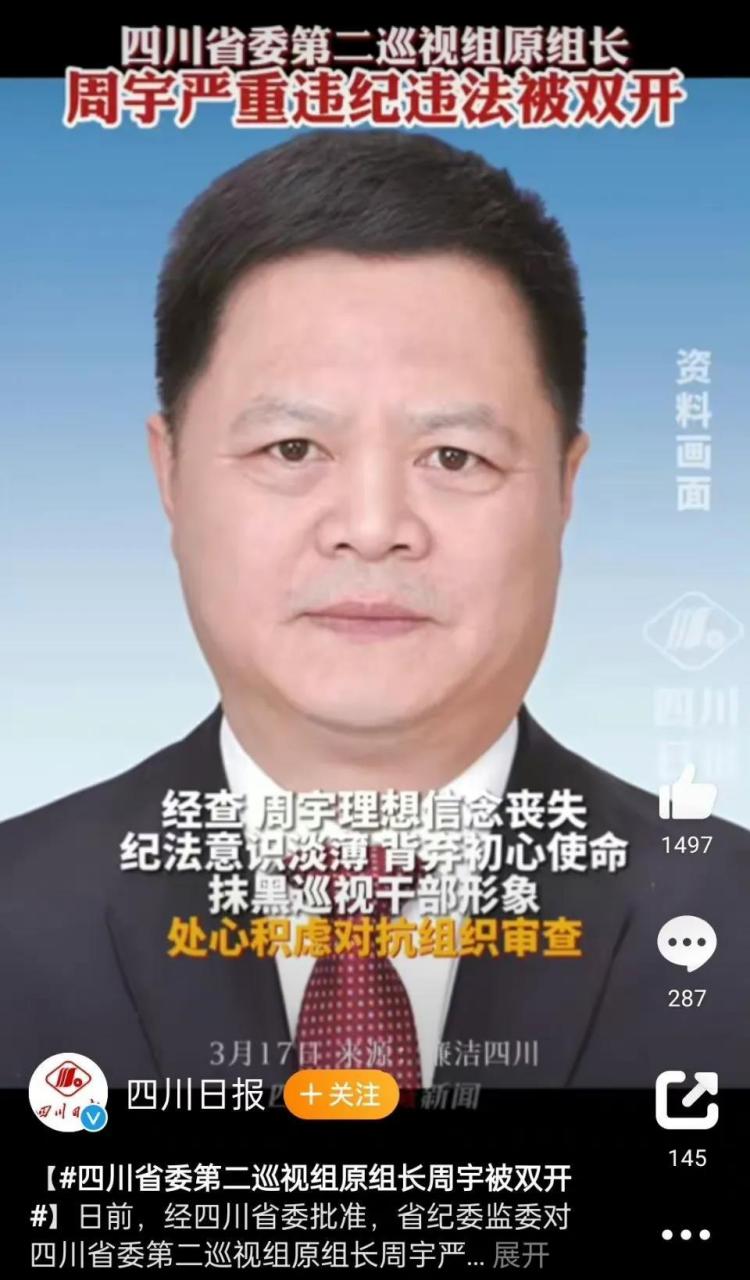 四川省委第二巡视组原组长周宇被双开.