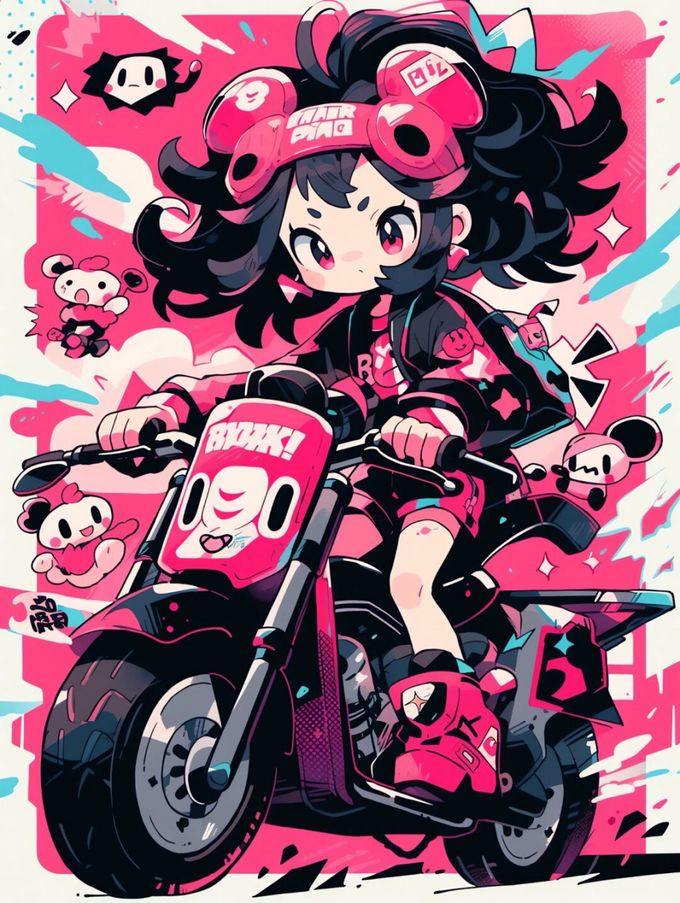 midjourney机车女孩可爱涂鸦  跟我一起骑小摩托出发吧!