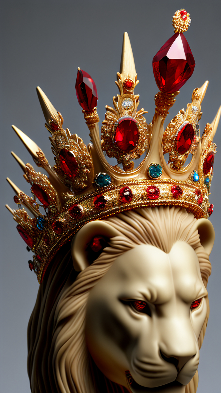 ai绘画:关键词 宝石王冠,王冠整体狮子造型,正中央金狮子头顶一颗大红