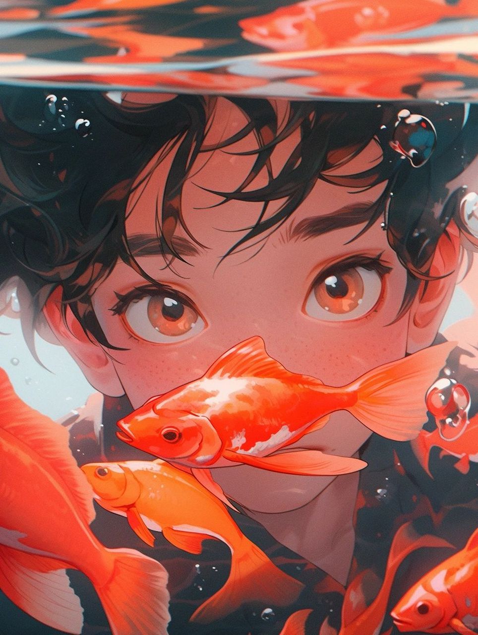 facial close - up, a cute boy and red fish, dreamy, watery eys