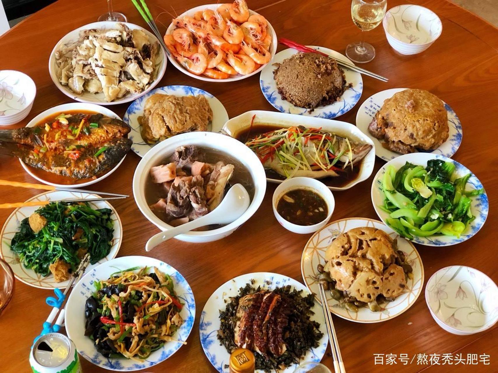 过生日,请几个人来家吃饭,媳妇张罗了一桌子菜.