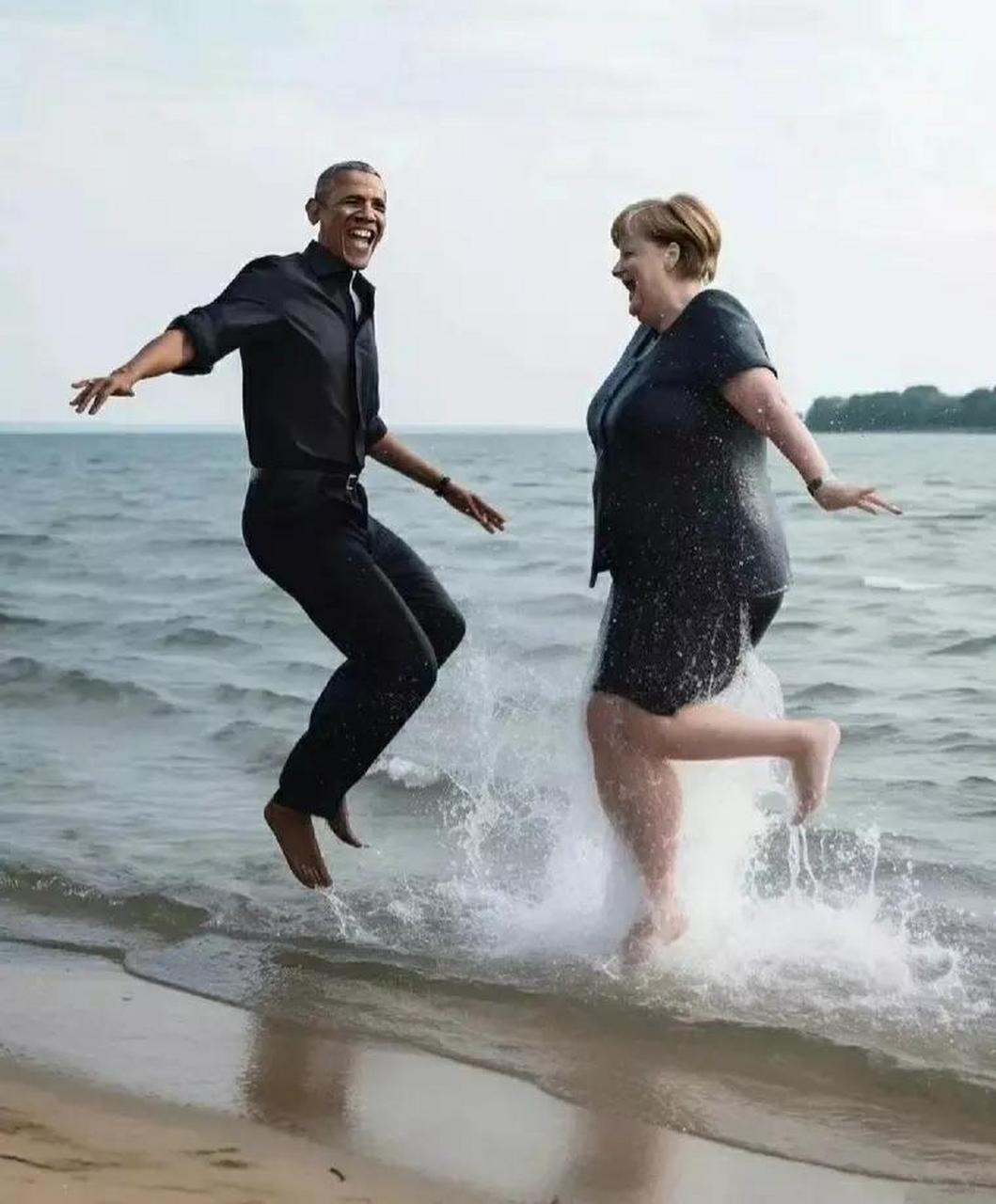 奥巴马与默克尔的快乐时光.这是制作的娱乐图片,请勿当真