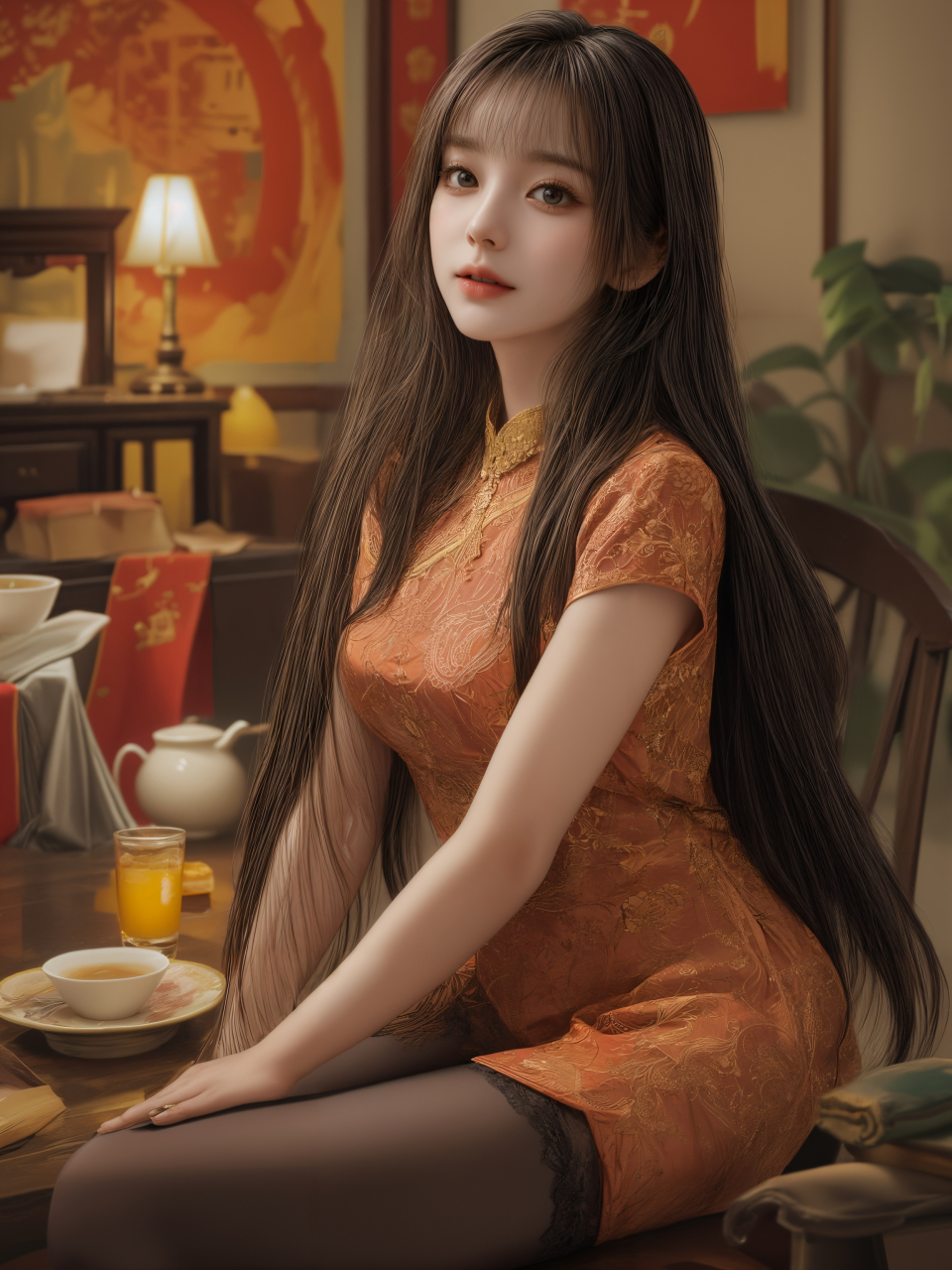 ai美女图片#每日ai美女秀	这是一个湿润的午后,红色旗袍和下午茶的