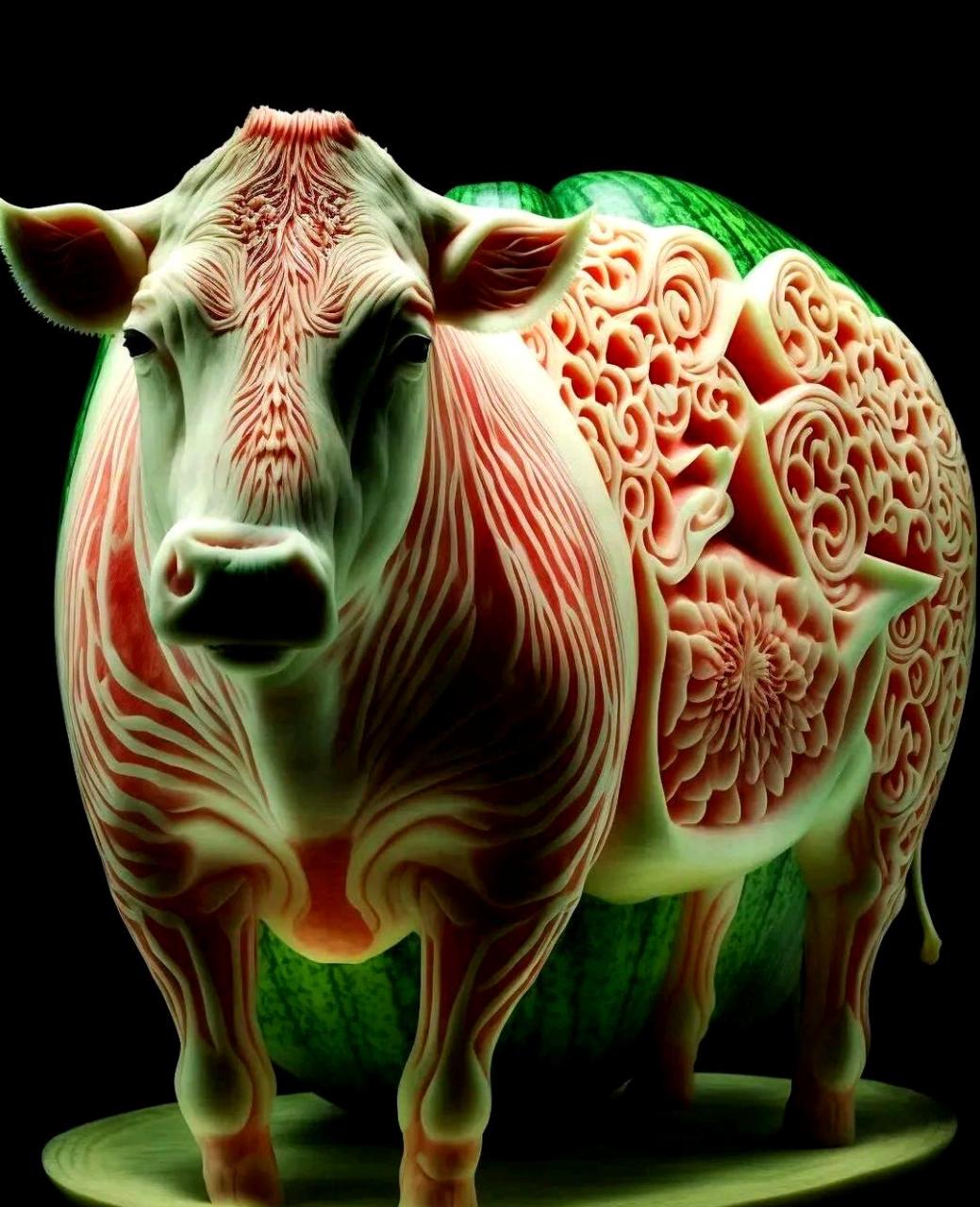 十二生肖,以西瓜雕刻的形式呈现.