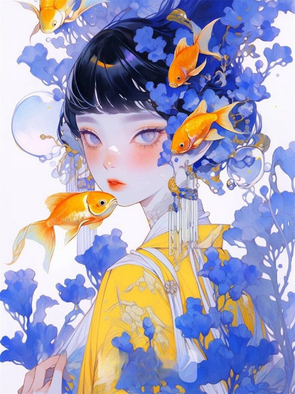 国风插画 锦鲤  这些插画以中国传统元素为灵感,将锦鲤的形象与山水