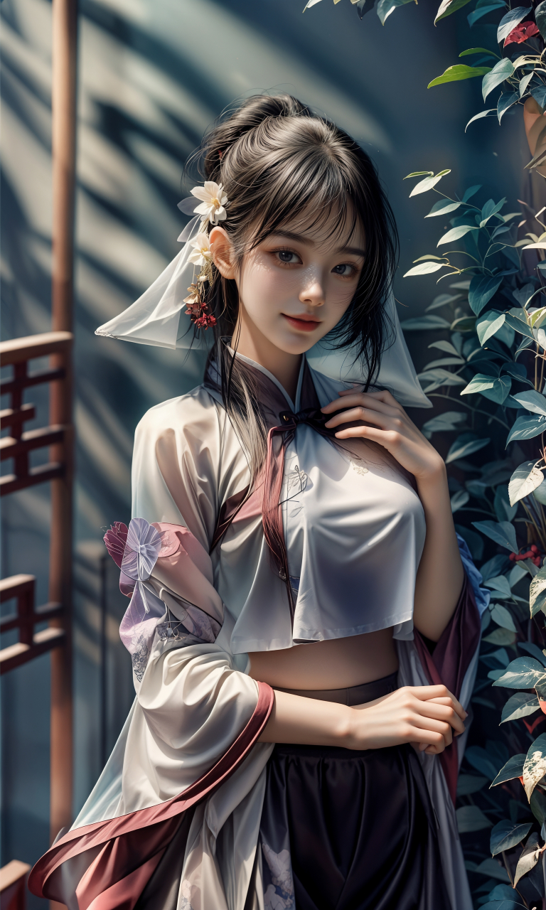 这组汉服美女写真以月光为背景,模特身着白色的汉服,如同月下的美人